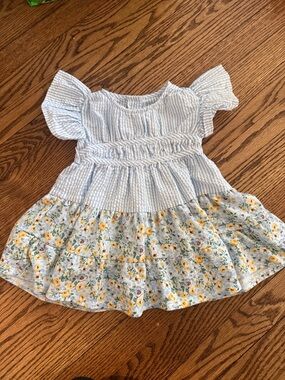 iris & ivy Light Blue Seersucker & Yellow Floral Tiered Dress